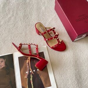 Valentino Red Rockstud Strappy Block Heel Sandals